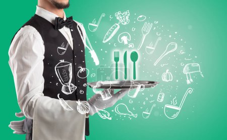 Photo for Waiter holding silver tray with cutlery icons coming out of it, health food concept - Royalty Free Image