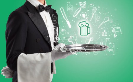 Photo for Waiter holding silver tray with beer mug icons coming out of it, health food concept - Royalty Free Image