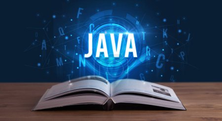 JAVA inscription coming out from an open book, digital technology concept