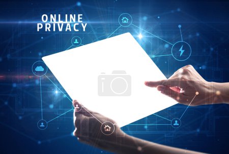 Photo for Holding futuristic tablet with ONLINE PRIVACY inscription, cyber security concept - Royalty Free Image