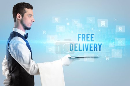 Photo for Waiter serving FREE DELIVERY inscription, online shopping concept - Royalty Free Image