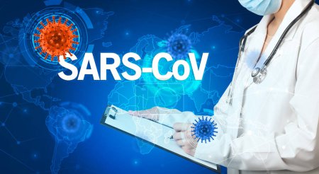 Photo for Doctor fills out medical record with SARS-CoV inscription, virology concept - Royalty Free Image