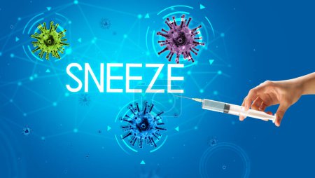 Photo for Syringe, medical injection in hand with SNEEZE inscription, coronavirus vaccine concept - Royalty Free Image