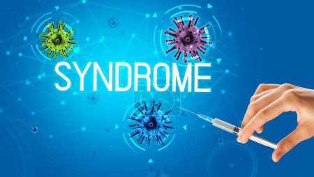 Photo for Syringe, medical injection in hand with SYNDROME inscription, coronavirus vaccine concept - Royalty Free Image