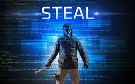 Photo for Faceless hacker with STEAL inscription on a binary code background - Royalty Free Image