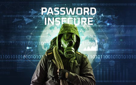 Foto de Hacker sin rostro en el trabajo con la inscripción PASSWORD INSECURE, Concepto de seguridad informática - Imagen libre de derechos