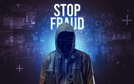 Photo for Faceless man with STOP FRAUD inscription, online security concept - Royalty Free Image