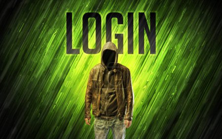 Geheimnisvoller Mann mit LOGIN-Aufschrift, Online-Sicherheitskonzept