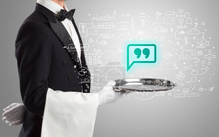 Photo for Close-up of waiter serving typing icons, social media concept - Royalty Free Image