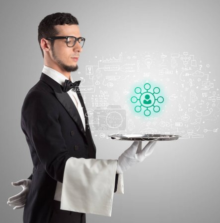 Photo for Close-up of waiter serving community network icons, social media concept - Royalty Free Image