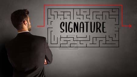 Photo for Businessman drawing maze with SIGNATURE inscription, business education concept - Royalty Free Image
