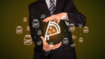 Photo for Hand holding slice of pizza icon, healthy food delivery concept - Royalty Free Image