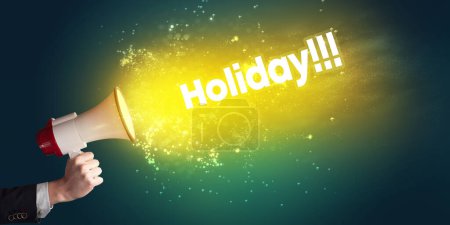 Photo for Young woman yelling to loudspeaker with Holiday inscription, modern media concept - Royalty Free Image
