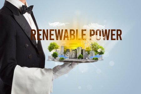Photo for Waiter serving eco city with RENEWABLE POWER inscription, renewabke energy concept - Royalty Free Image