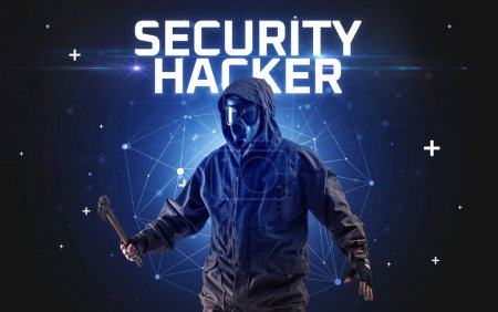 Photo for Mysterious hacker with SECURITY HACKER inscription, online attack concept inscription, online security concept - Royalty Free Image