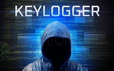 Foto de Pirata informático sin rostro con inscripción KEYLOGGER en un fondo de código binario - Imagen libre de derechos