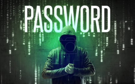 Téléchargez les photos : Hacker sans visage avec inscription PASSWORD, concept de piratage - en image libre de droit