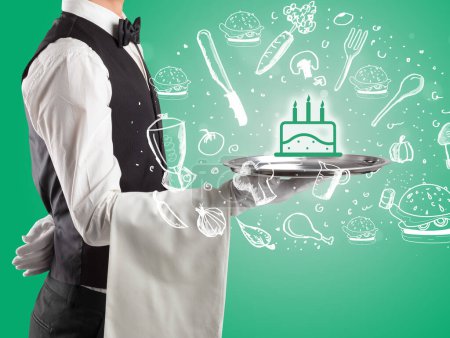 Photo for Waiter holding silver tray with cake icons coming out of it, health food concept - Royalty Free Image