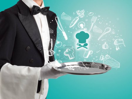 Photo for Waiter holding silver tray with chef icons coming out of it, health food concept - Royalty Free Image