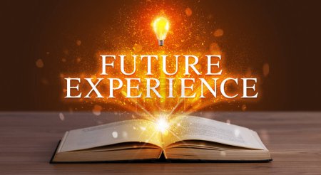 Photo for FUTURE EXPERIENCE inscription coming out from an open book, educational concept - Royalty Free Image
