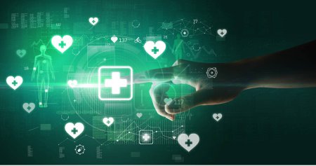 Téléchargez les photos : Médecin main appuyant sur dispositif de santé futuriste avec symbole de premiers soins à l'écran, concept futuriste - en image libre de droit