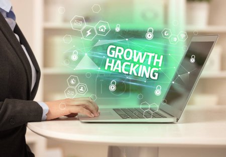 Photo for GROWTH HACKING inscription on laptop, internet security and data protection concept, blockchain and cybersecurity - Royalty Free Image