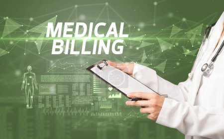 Photo for Doctor writes notes on the clipboard with MEDICAL BILLING inscription, medical diagnosis concept - Royalty Free Image