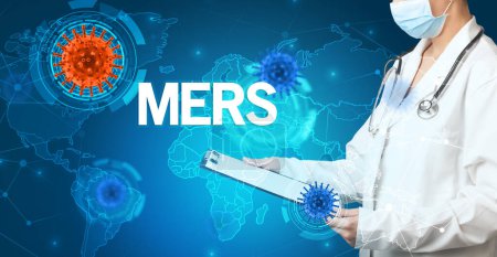 Photo for Doctor fills out medical record with MERS inscription, virology concept - Royalty Free Image