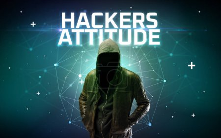 Photo for Mysterious hacker with HACKERS ATTITUDE inscription, online attack concept inscription, online security concept - Royalty Free Image
