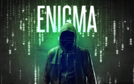 Téléchargez les photos : Hacker sans visage avec inscription ENIGMA, concept de hacking - en image libre de droit