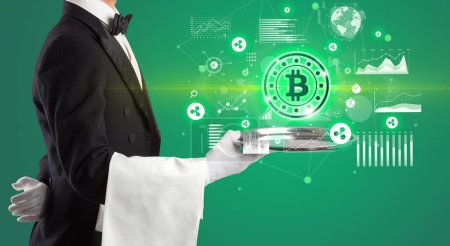 Young waiter serving bitcoin icons on tray, money exchange concept