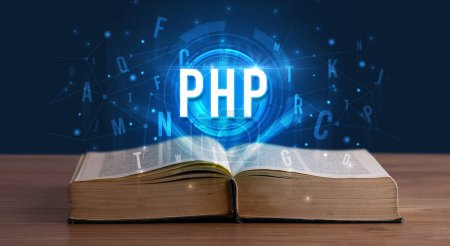 Téléchargez les photos : Inscription PHP issue d'un livre ouvert, concept de technologie numérique - en image libre de droit
