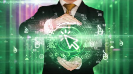 Foto de Hombre de negocios sosteniendo el icono del cursor en sus manos con múltiples símbolos de tecnología a su alrededor - Imagen libre de derechos