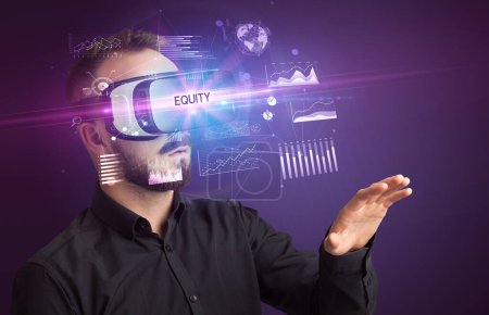 Photo for Businessman looking through Virtual Reality glasses with EQUITY inscription, new business concept - Royalty Free Image