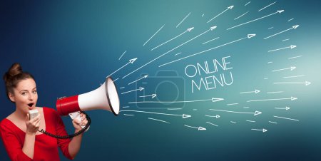 Photo for Young girl screaming to megaphone with ONLINE MENU inscription, shopping concept - Royalty Free Image