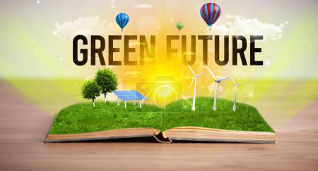 Foto de Libro abierto con inscripción VERDE FUTURO, concepto de energía renovable - Imagen libre de derechos