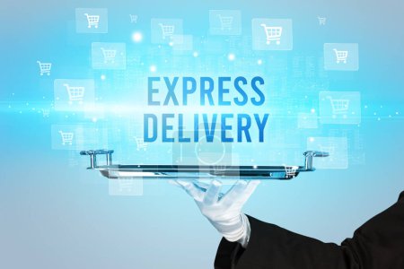 Photo for Waiter serving EXPRESS DELIVERY inscription, online shopping concept - Royalty Free Image