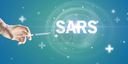 Photo for Syringe needle with virus vaccine and SARS abbreviation, antidote concept - Royalty Free Image