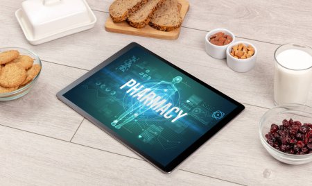 Photo for PHARMACY concept in tablet with fruits, top view - Royalty Free Image