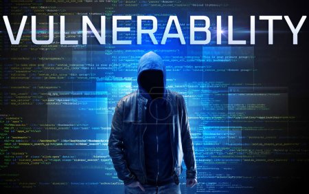 Photo for Faceless hacker with VULNERABILITY inscription on a binary code background - Royalty Free Image
