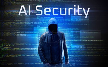 Photo for Faceless hacker with AI Security inscription on a binary code background - Royalty Free Image
