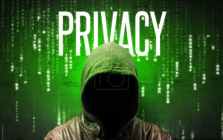 Téléchargez les photos : Hacker sans visage avec inscription PRIVÉE, concept de piratage - en image libre de droit