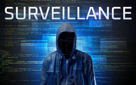 Photo for Faceless hacker with SURVEILLANCE inscription on a binary code background - Royalty Free Image