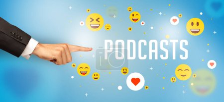 Photo for Close-Up of cropped hand pointing at PODCASTS inscription, social media concept - Royalty Free Image