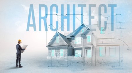 Photo for Young engineer holding blueprint with ARCHITECT inscription, house planning concept - Royalty Free Image