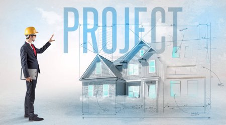 Photo for Young engineer holding blueprint with PROJECT inscription, house planning concept - Royalty Free Image