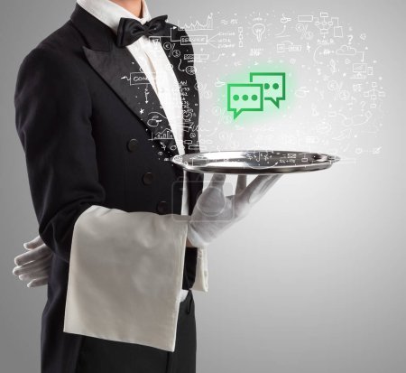 Photo for Close-up of waiter serving chat icons, social media concept - Royalty Free Image