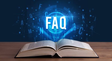 Téléchargez les photos : Inscription FAQ issue d'un livre ouvert, concept de technologie numérique - en image libre de droit