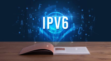 Téléchargez les photos : Inscription IPV6 issue d'un livre ouvert, concept de technologie numérique - en image libre de droit