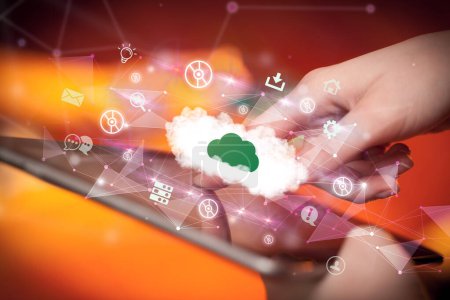 Photo for Close-up of a touchscreen with cloud icons, modern technology concept - Royalty Free Image